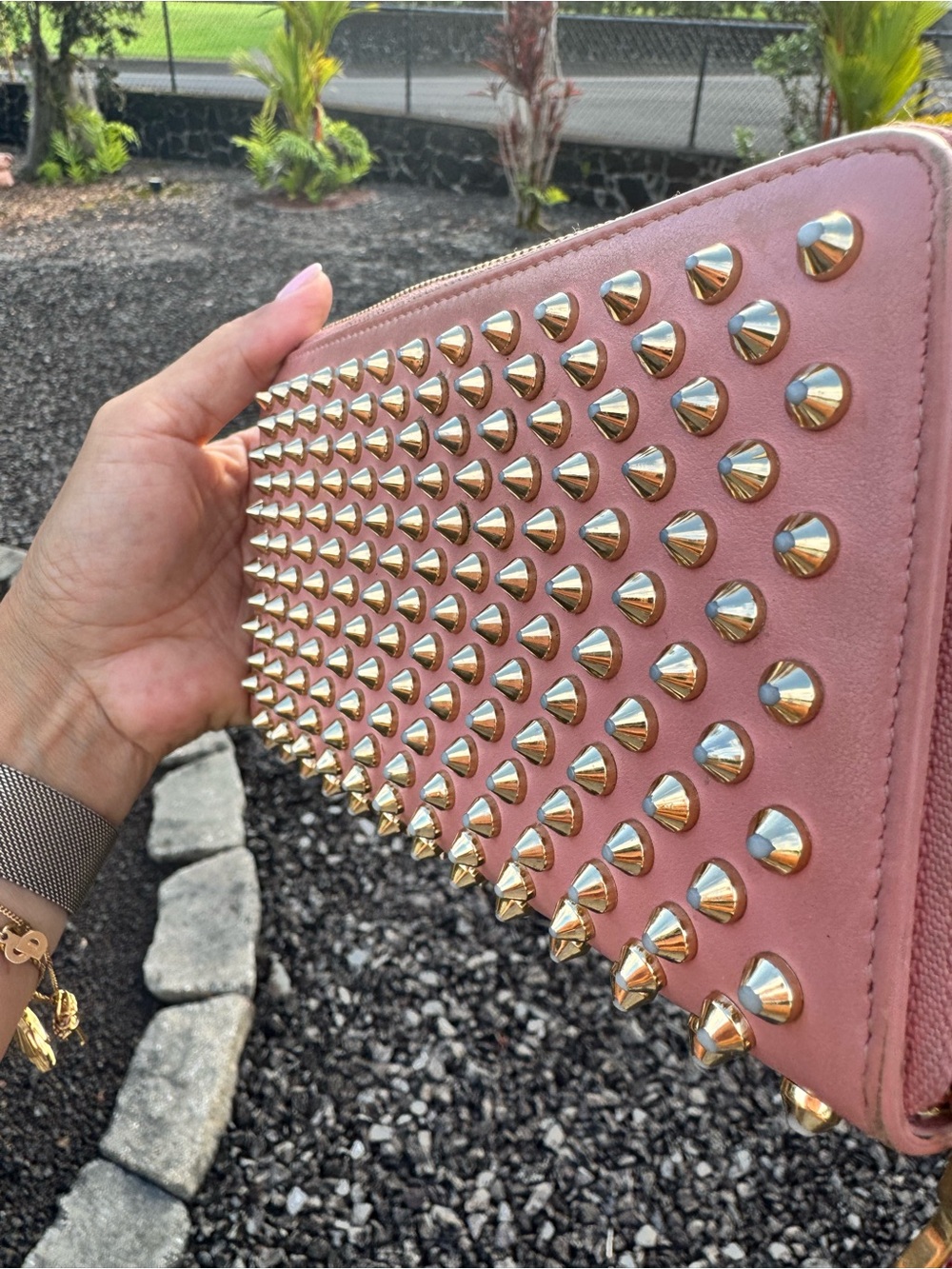 Christian Louboutin Pink Spiked Zip Around Wallet Gold Studs Leather - Picture 9 of 14